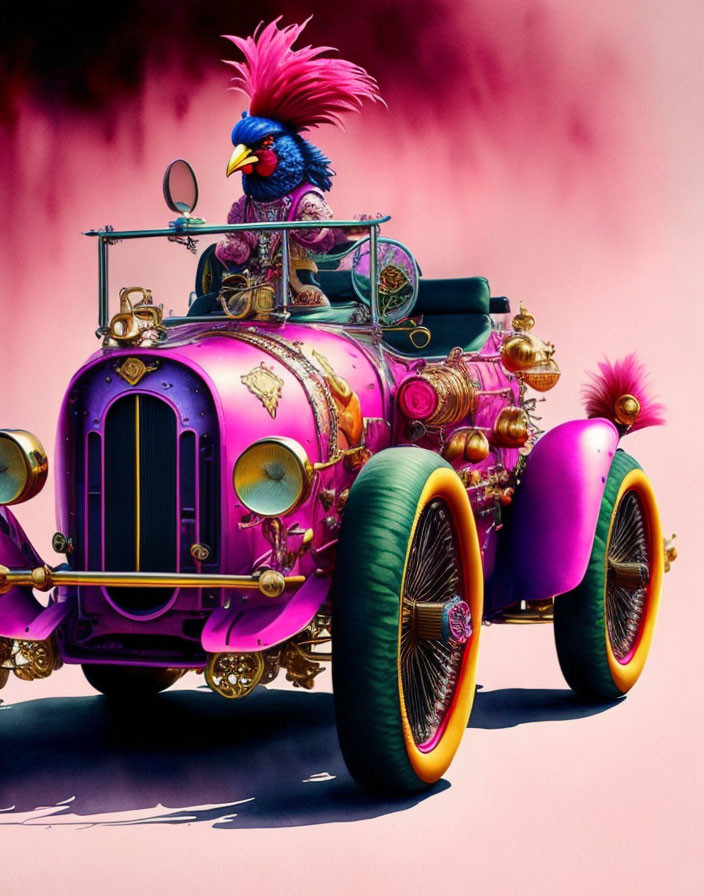 Exotic bird perched on vintage car with pink and gold design