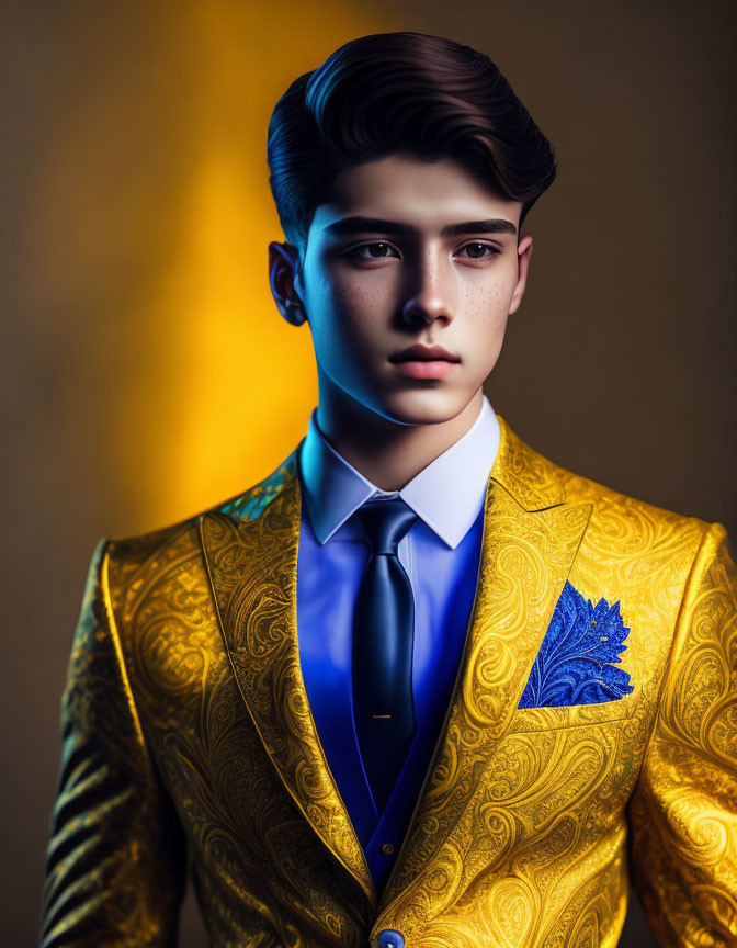 Stylish young man in gold suit jacket with blue shirt and tie