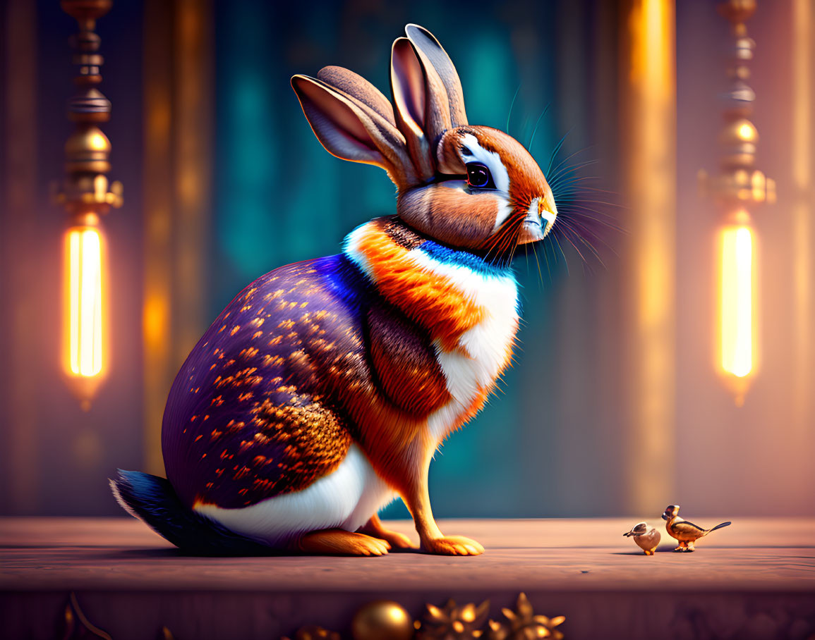 Colorful stylized rabbit with glowing patterned coat next to two birds in vintage setting.