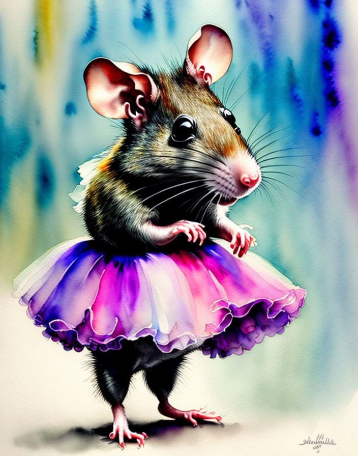 Colorful Mouse in Purple Tutu on Blue Watercolor Background