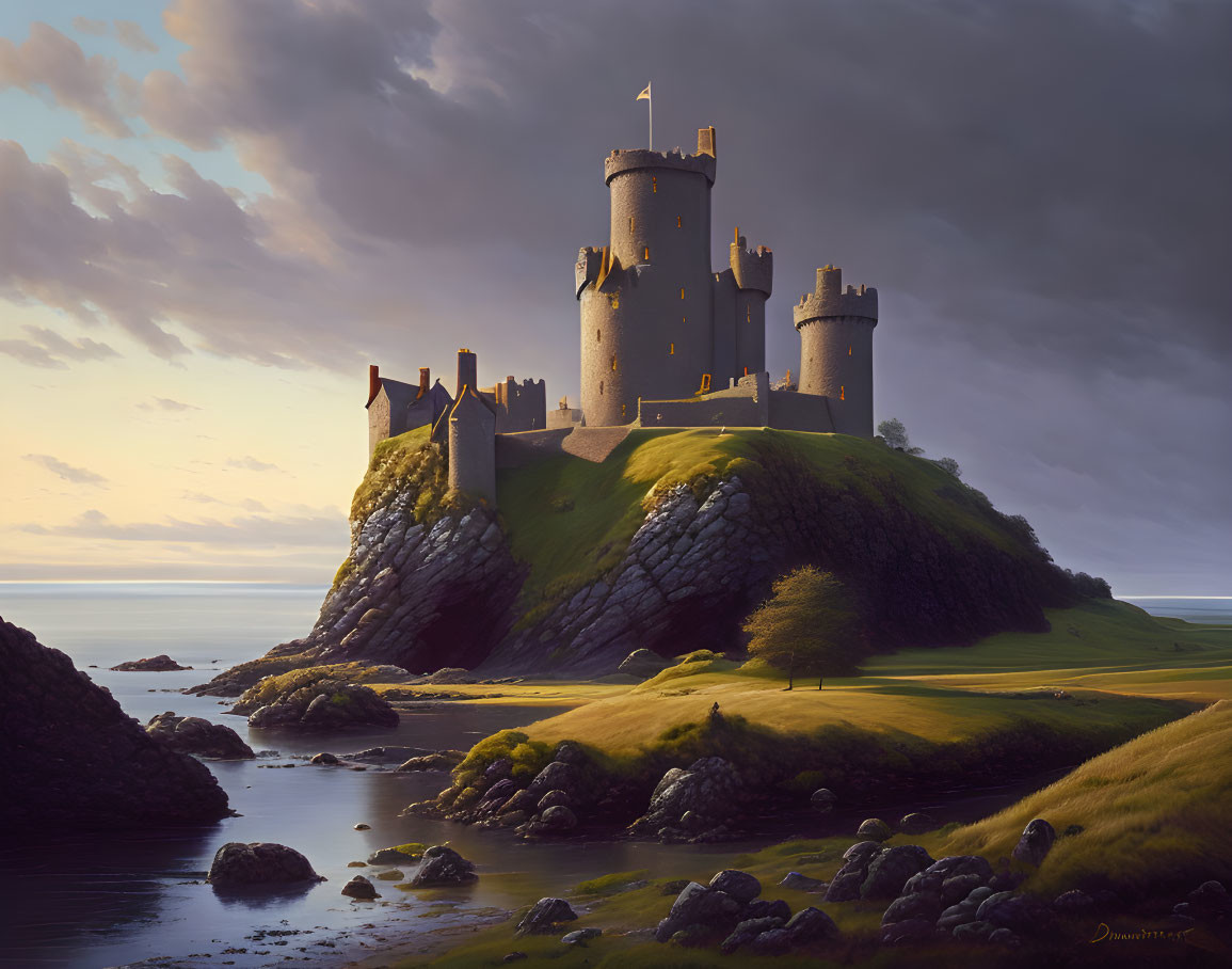 Stone castle on hill at sunset with dramatic sky and ocean view