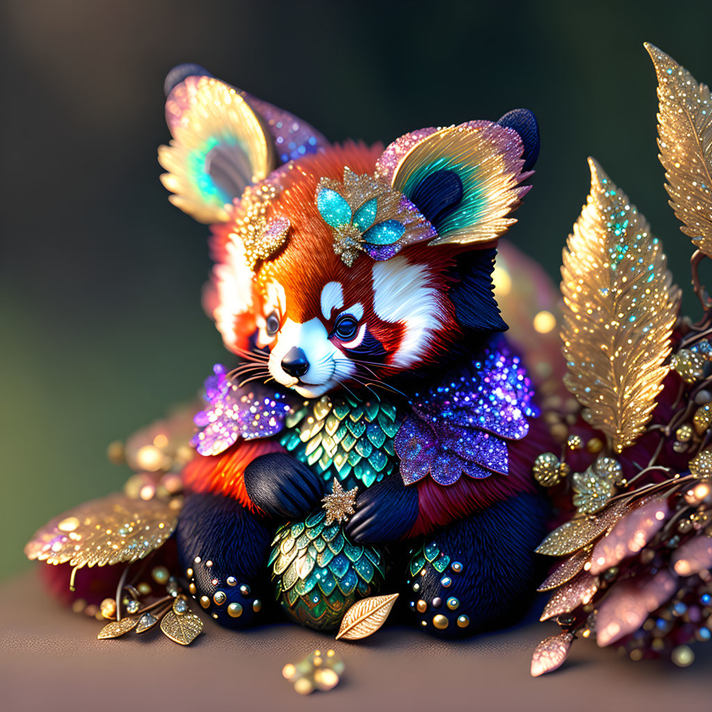 Colorful Red Panda with Jewel-like Patterns and Floral Embellishments