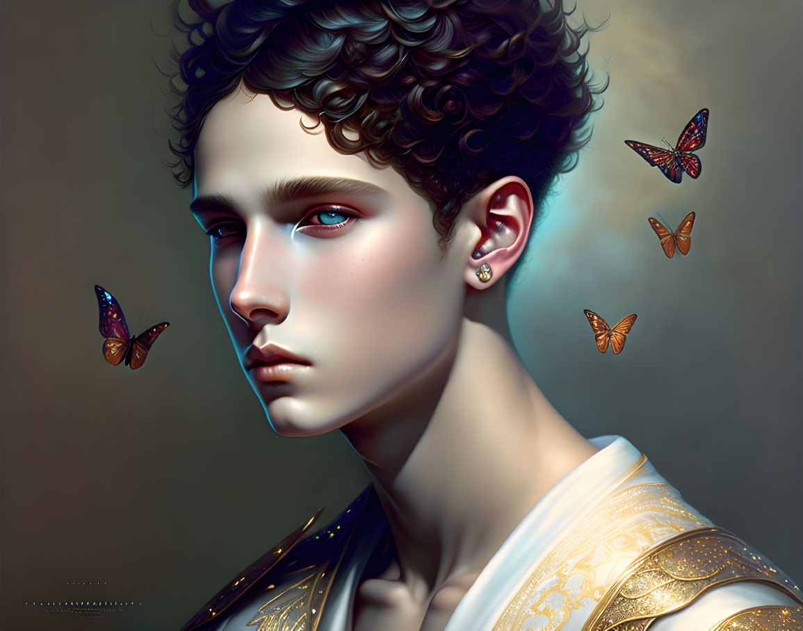 Portrait of young person with curly hair, blue eyes, earring, butterflies, soft background