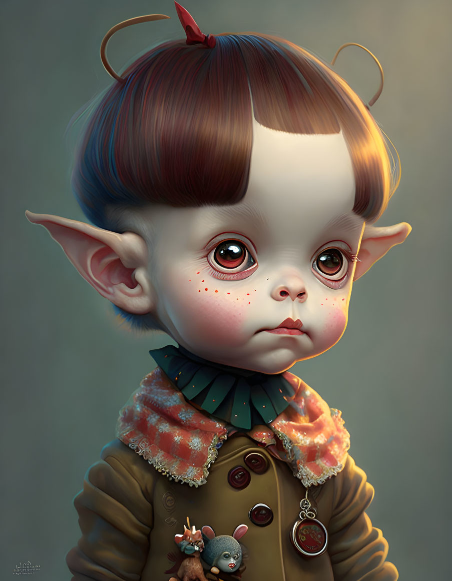 Stylized child illustration with large ears, big eyes, small nose, brown coat, ruffled