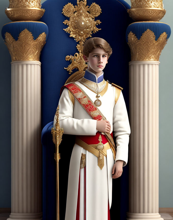 Blond young man in royal attire with scepter and columns on blue backdrop