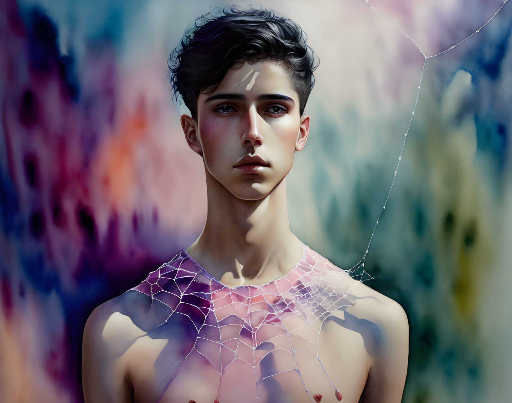 Young man with spider web pattern on neck in digital art