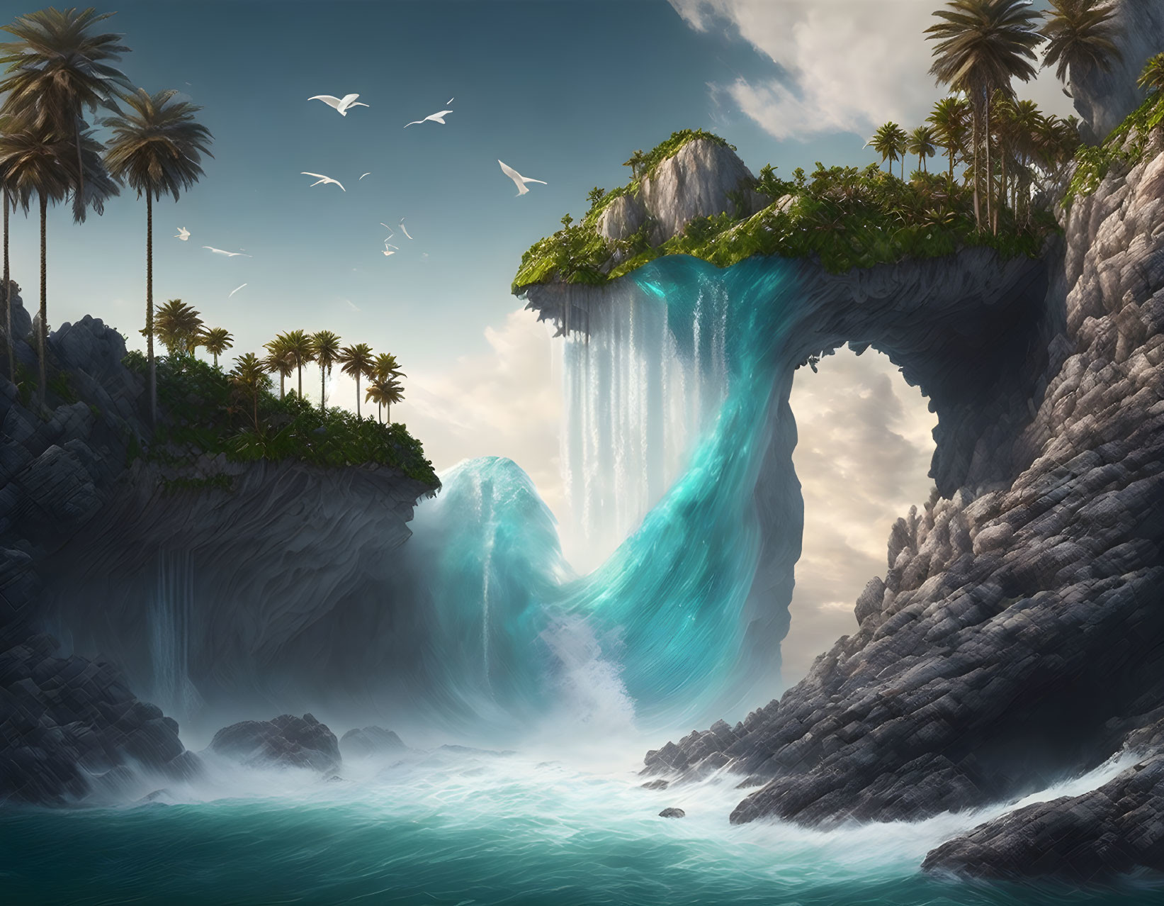 Majestic waterfall in fantasy landscape with palm trees