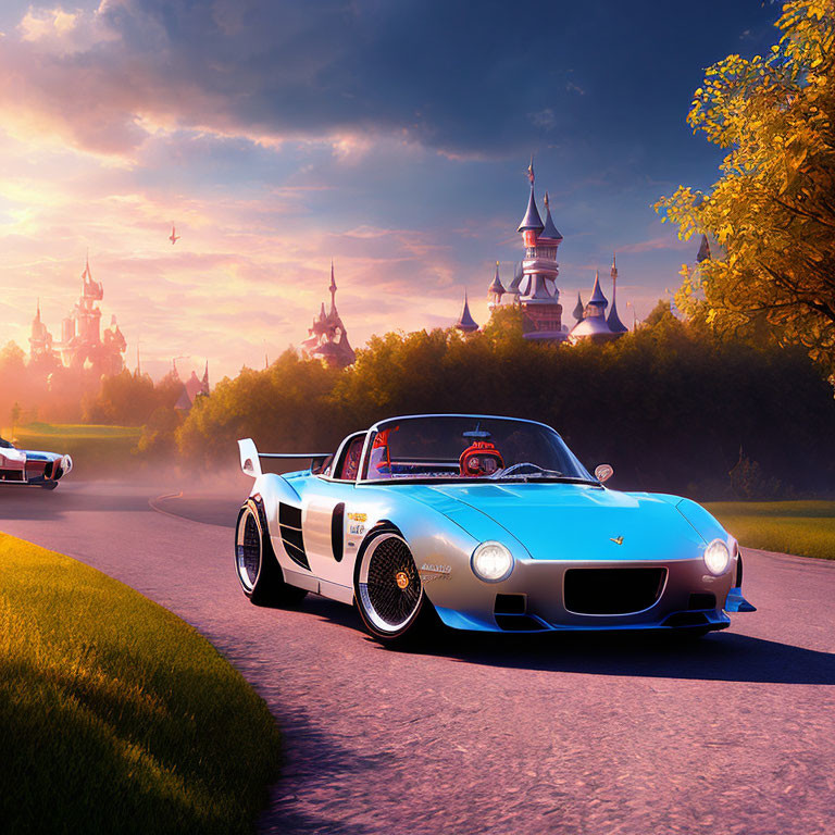 Vintage Race Car Drives on Scenic Road at Sunset with Castle and Following Car