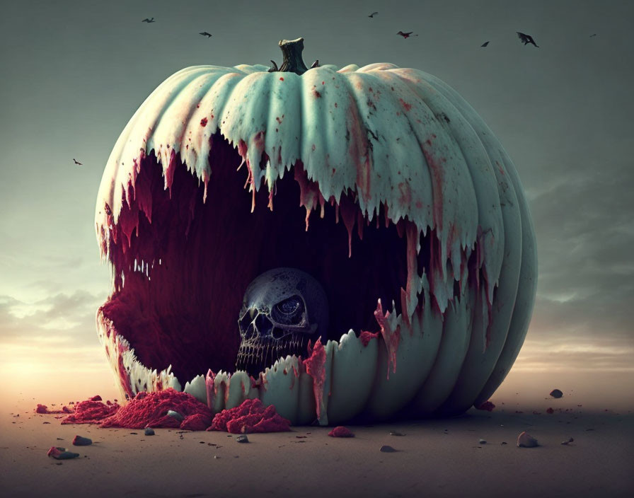 Surreal image of hollowed-out pumpkin with skull and red liquid against dusky sky