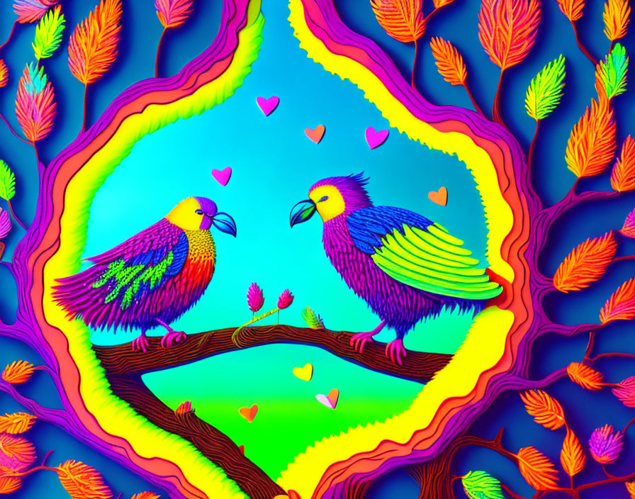 Colorful Psychedelic Parrots on Branch with Neon Leaves and Hearts Against Multi-toned Background