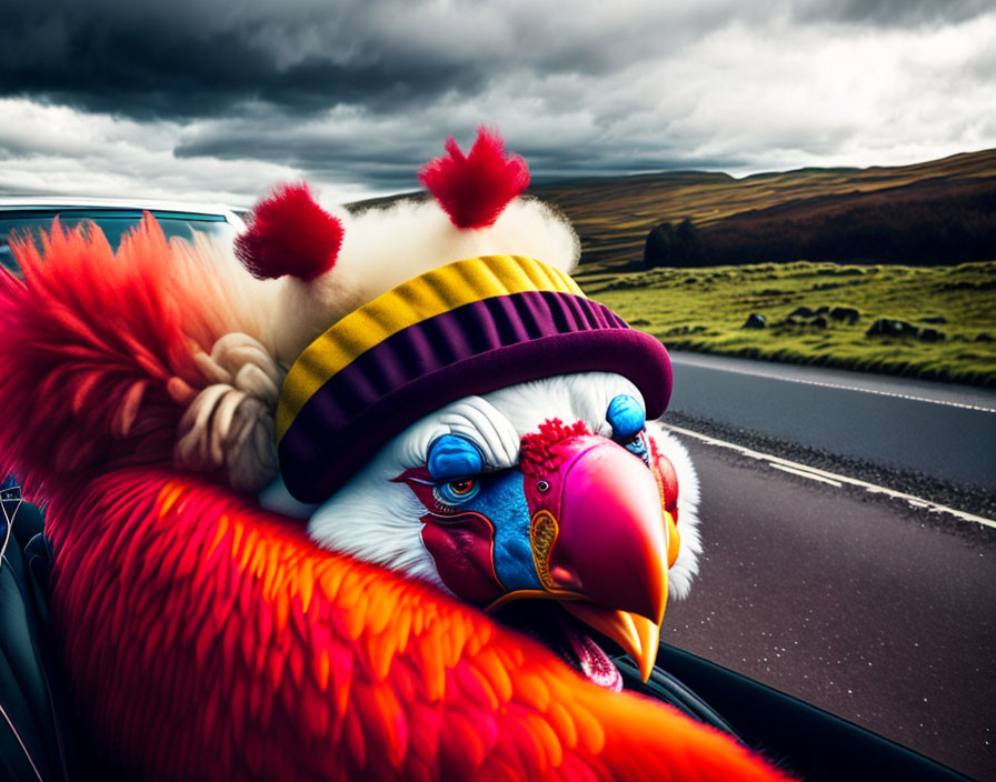 Colorful stylized eagle in striped hat leans out of car window in dramatic landscape