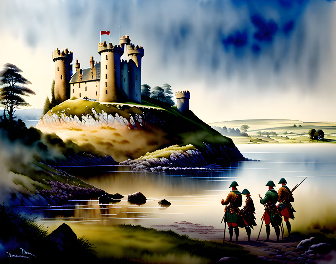 Illustration of three guards in traditional attire at majestic castle by tranquil lake.