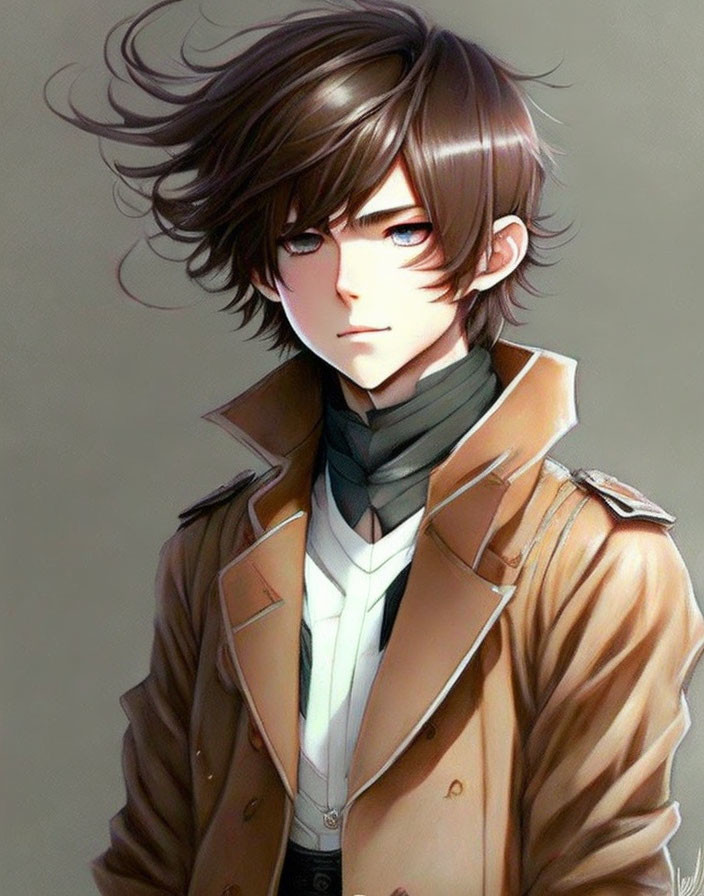 Anime-style male character with brown hair, white shirt, black scarf, and brown jacket