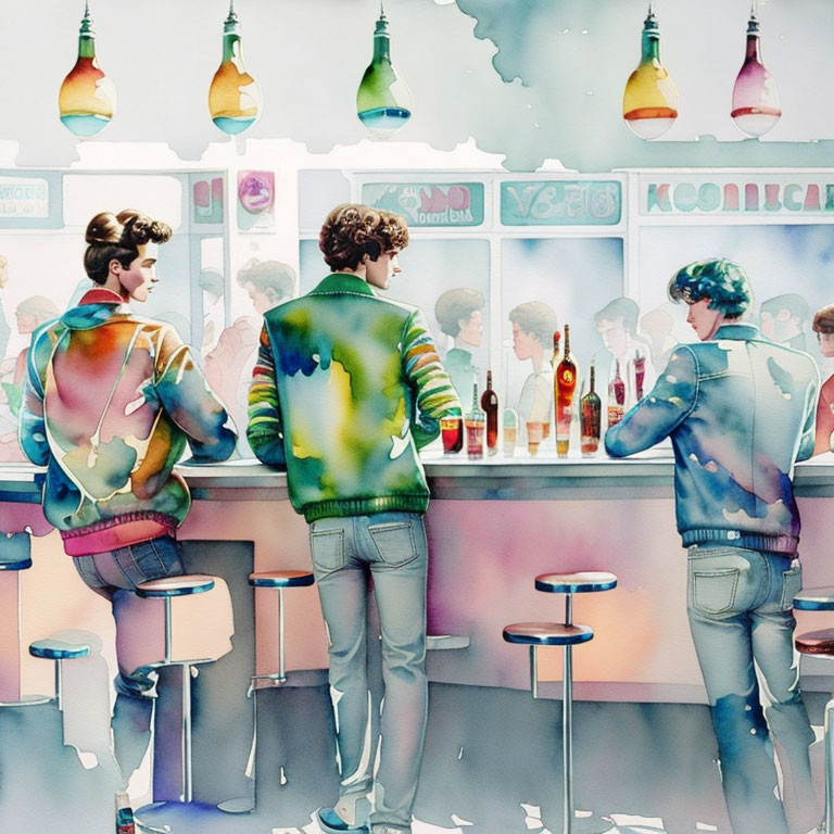 Colorful Sweater-clad Pair at Bar in Vibrant Watercolor