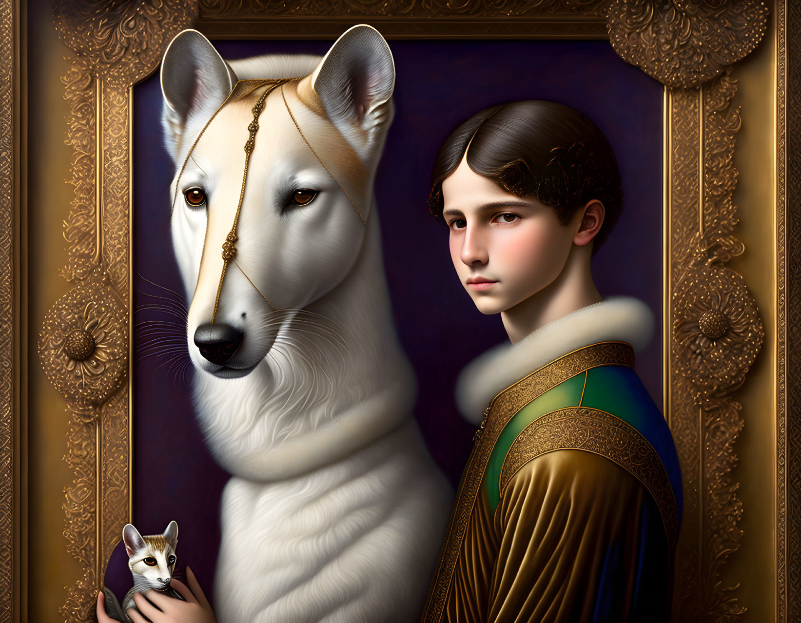 Surreal portrait of young person in royal attire with white dog