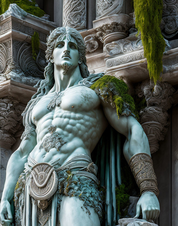 Muscular male figure sculpture with ornate armor and moss growth.