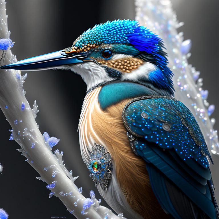 Vibrant digitally-enhanced kingfisher on snowy branch