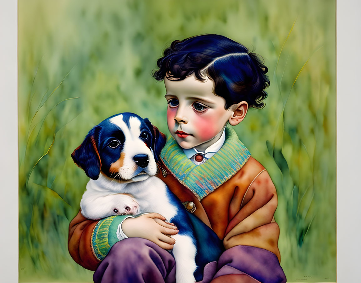 Young child holding black and white puppy in front of green backdrop