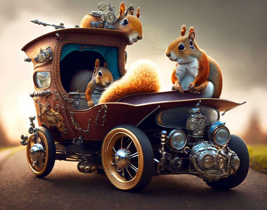 Steampunk-style car with three squirrels on road