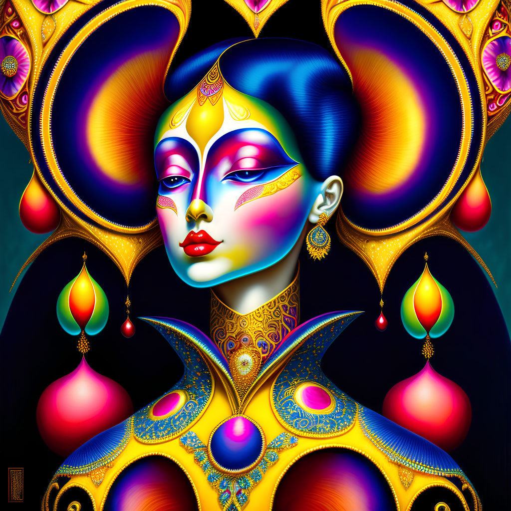 Colorful digital art: stylized woman with blue hair and ornate jewelry on dark background.