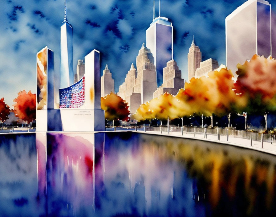 NYC skyline watercolor with 9/11 memorial & reflecting pool