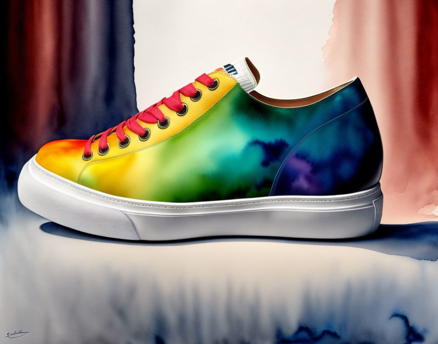 Rainbow Tie-Dye Sneaker with Red Laces on Soft Background