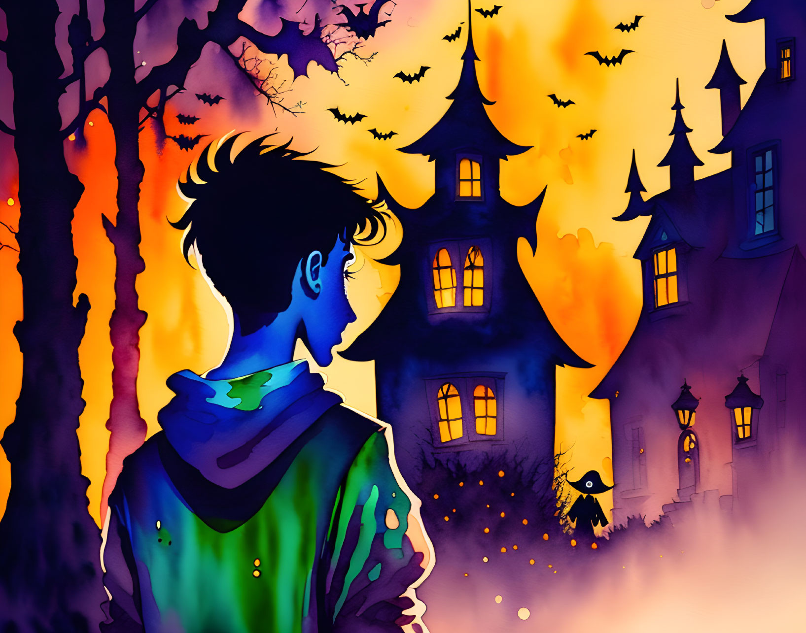 Colorful Hoodie Person Gazing at Spooky Castle Silhouette