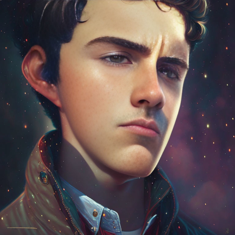 Young person with dark curly hair in collared shirt against starry cosmic backdrop