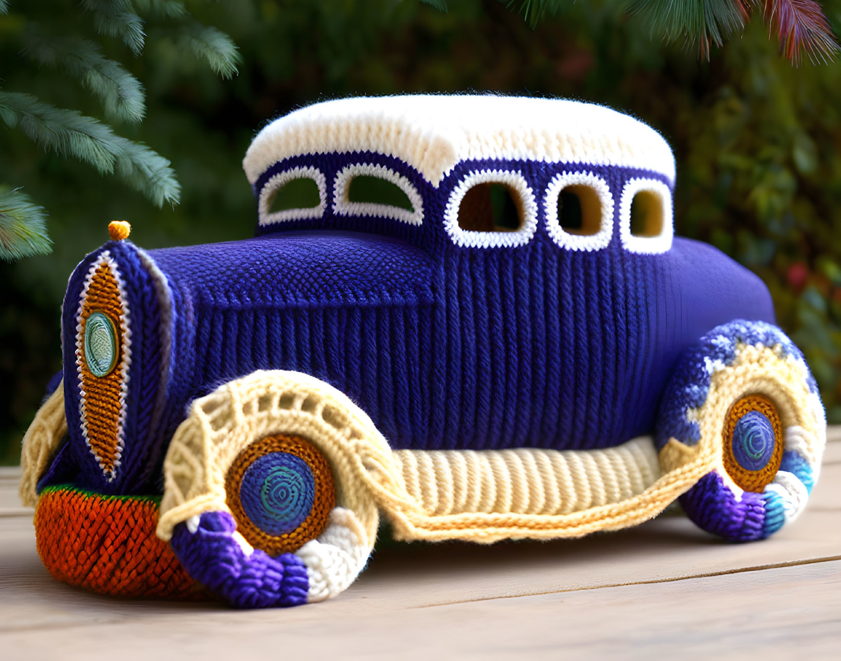 Vibrant Blue Crochet Vintage Car with Multicolored Details Displayed Outdoors