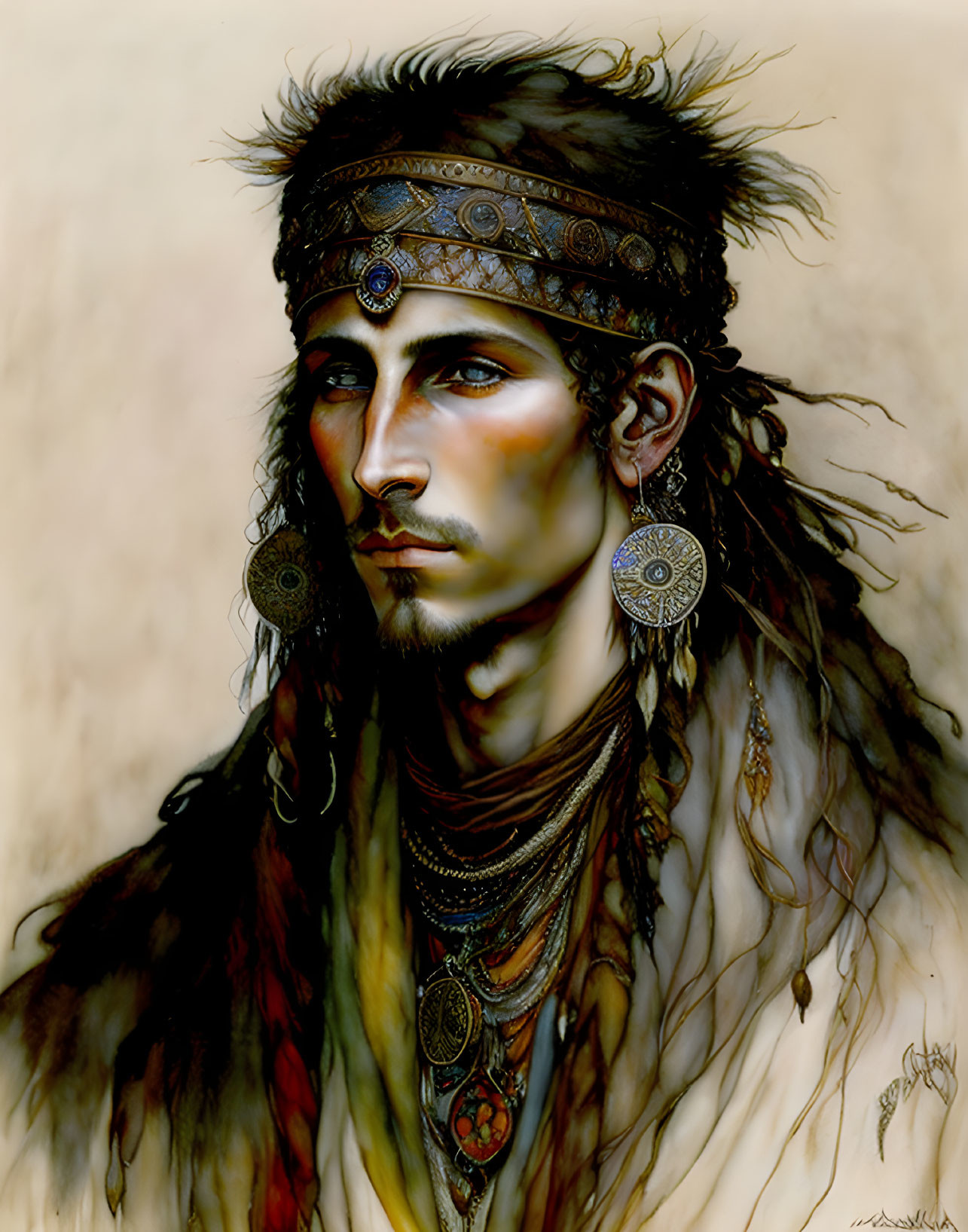 Man portrait with headband, earrings, and layered necklaces