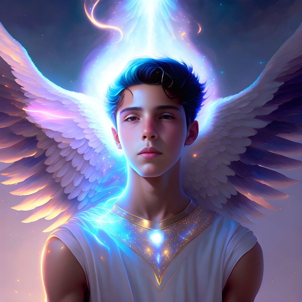 Digital artwork: Young person with angel wings and blue hair, celestial light on forehead