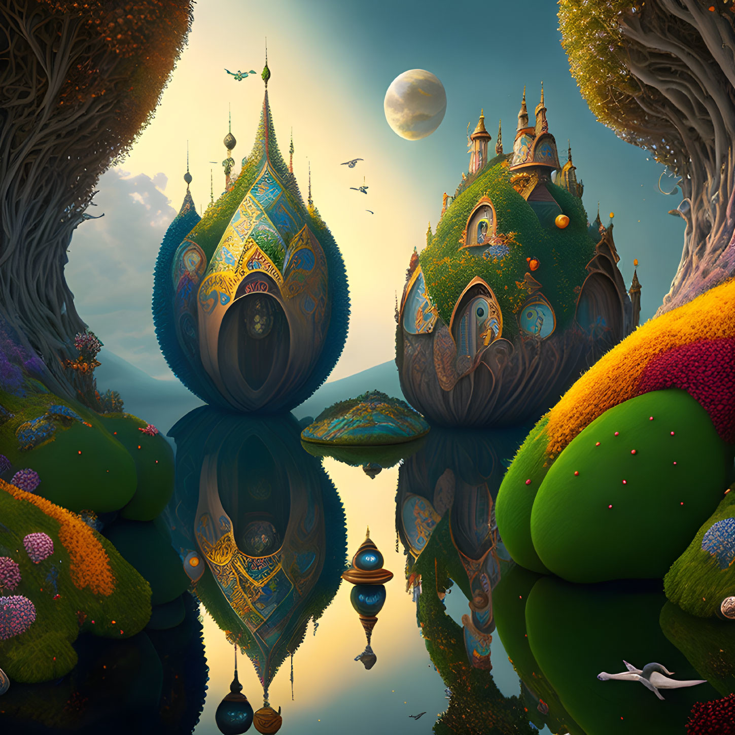 Ornate peacock-inspired castles in vibrant fantasy landscape