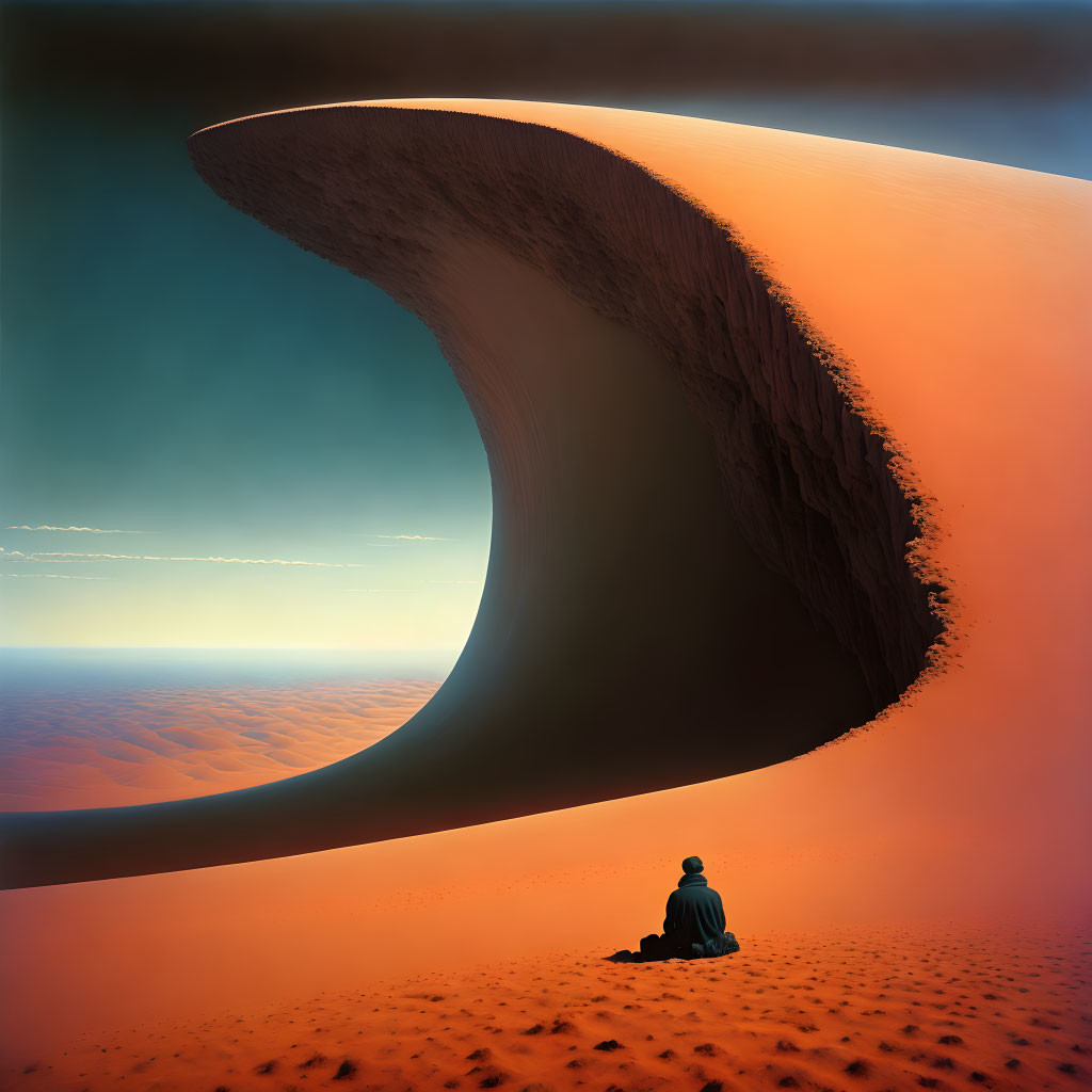 Solitary figure on orange dune gazes at surreal sand wave