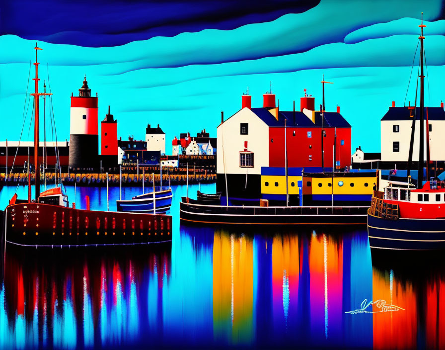 Colorful digital artwork of harbor scene with boats and buildings under dramatic sky