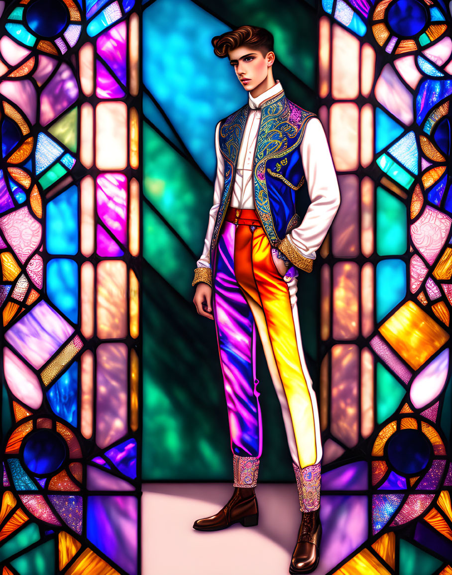 Fashionable person in front of colorful stained glass windows