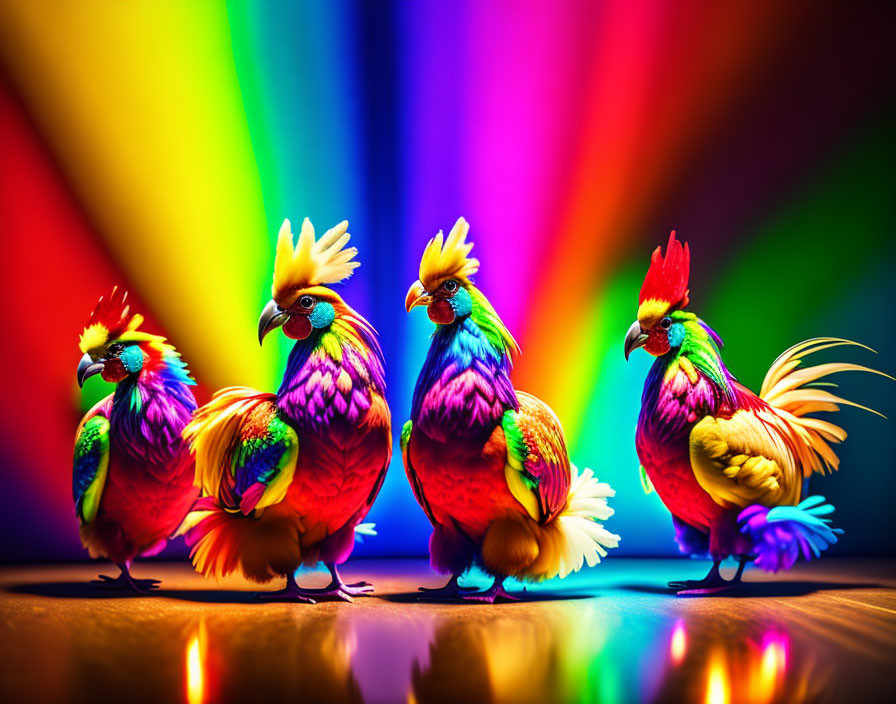 Vibrant roosters on rainbow backdrop with artistic lighting