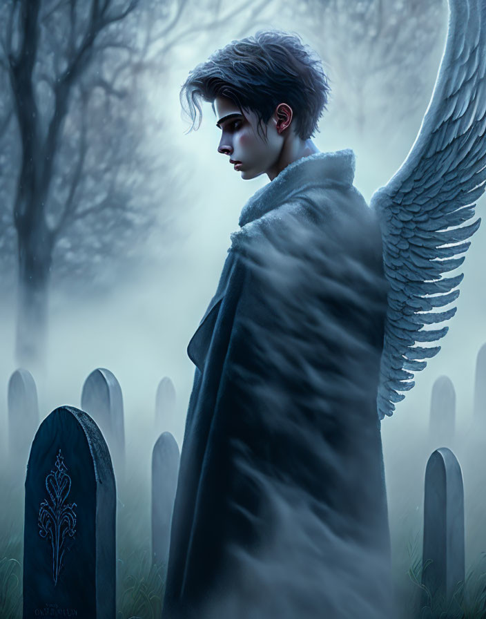 Angel figure in foggy cemetery with feathered wings and grey cloak