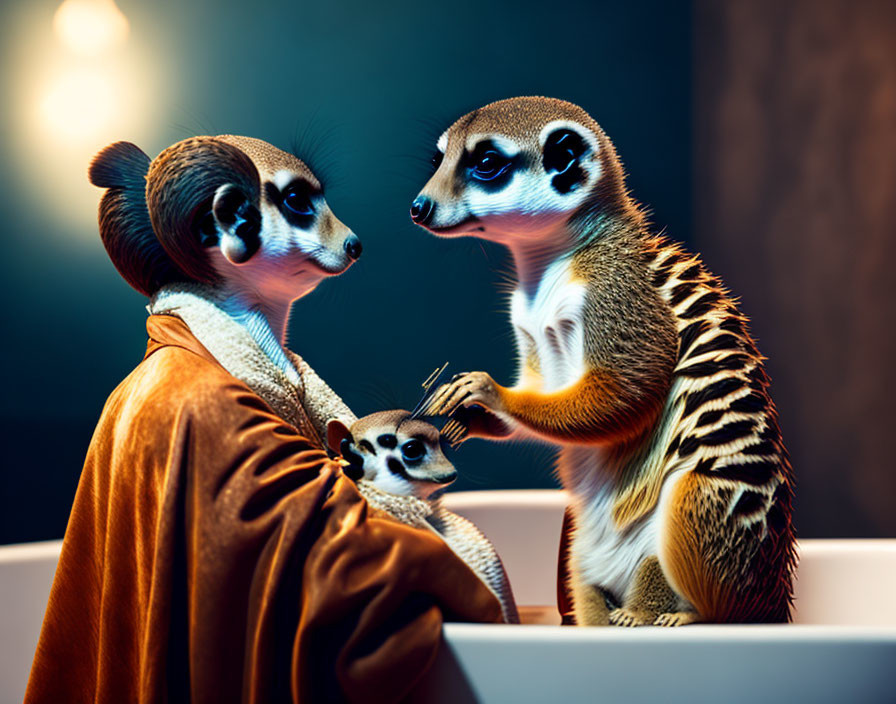 Two meerkats in human-like interaction with one giving a haircut, against dimly lit backdrop