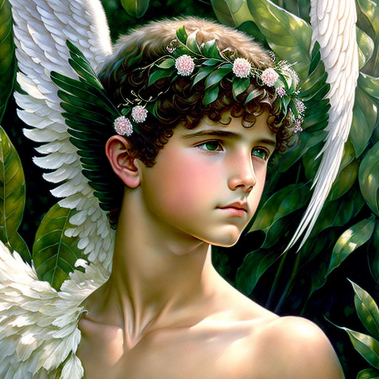 Winged young person with floral wreath in lush greenery.