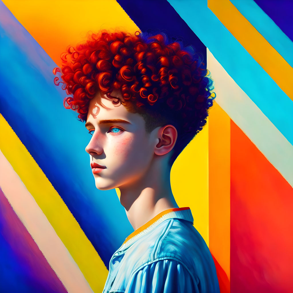 Colorful digital portrait of person with red curly hair and blue eyes.