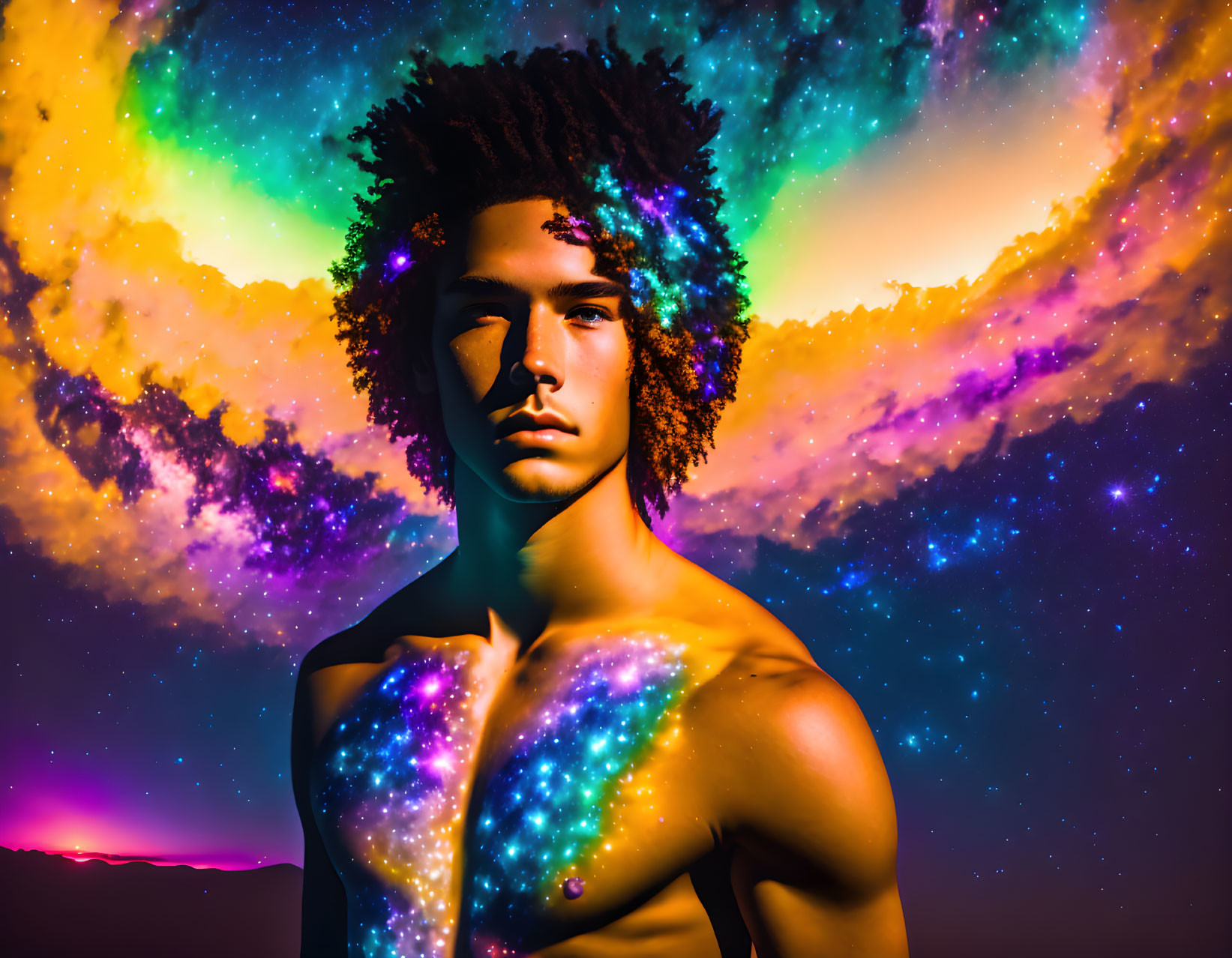 Person with Afro in Cosmic Background with Star Adornments