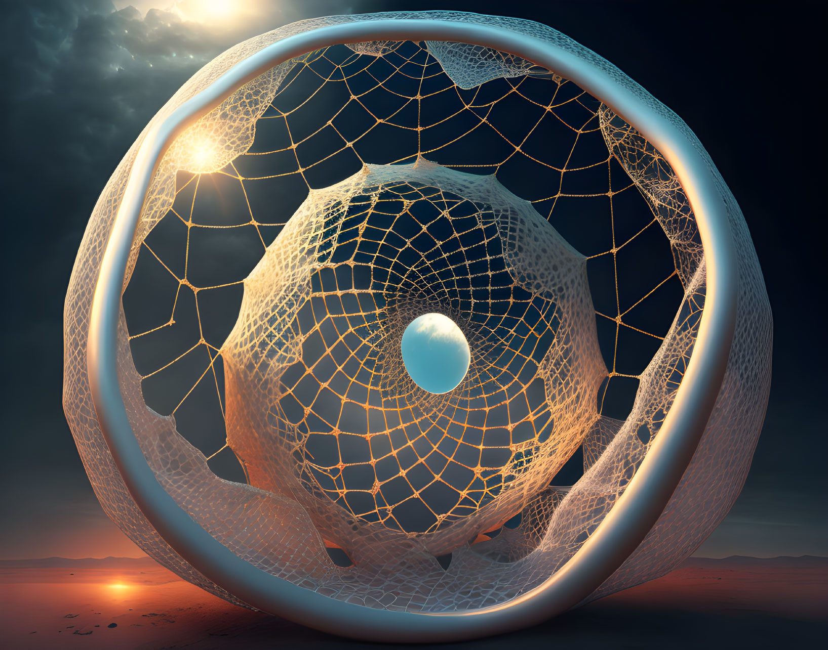 Surreal 3D artwork: Geometric net over spheres in desert landscape