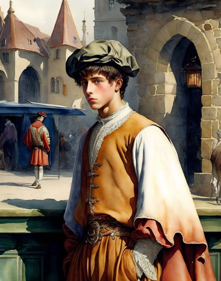 Medieval town square scene with young person in historical attire