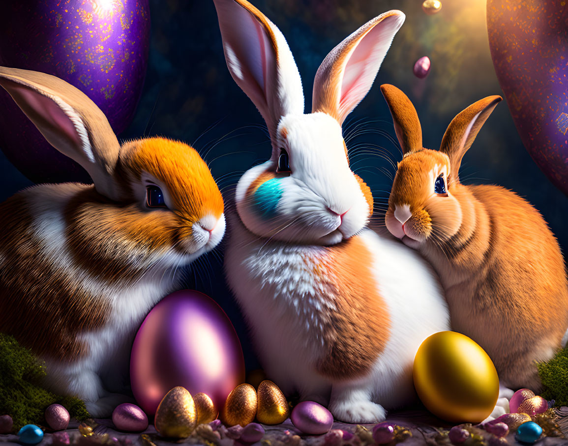 Three colorful Easter bunnies with painted eggs in whimsical scene