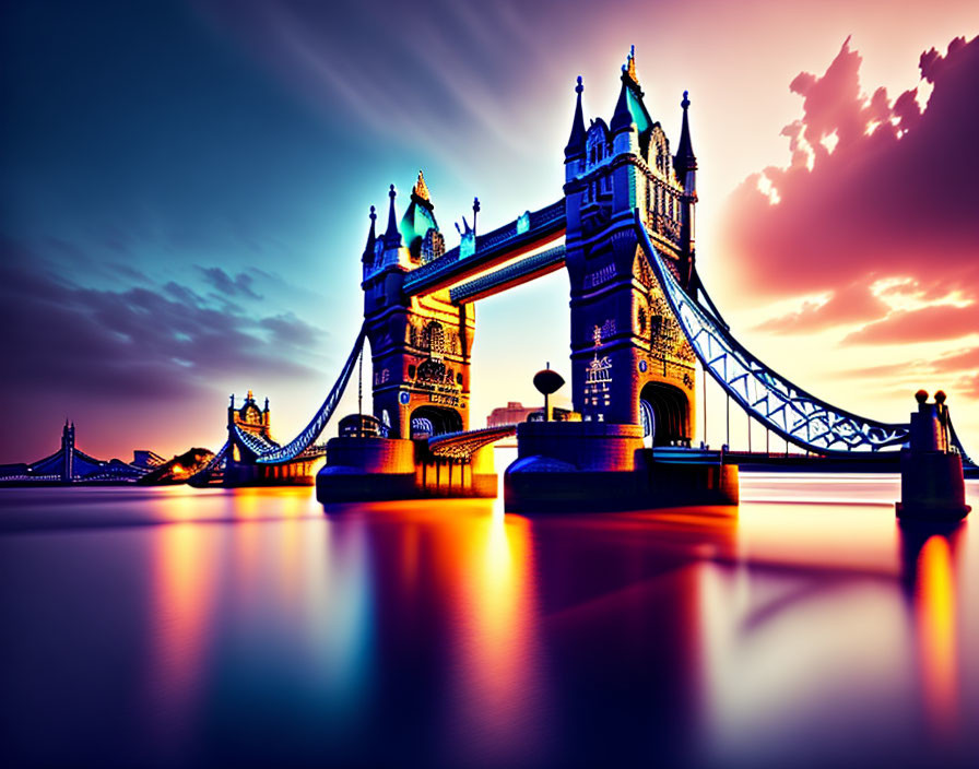 London's Tower Bridge under vibrant sunset sky with purple and orange reflections.