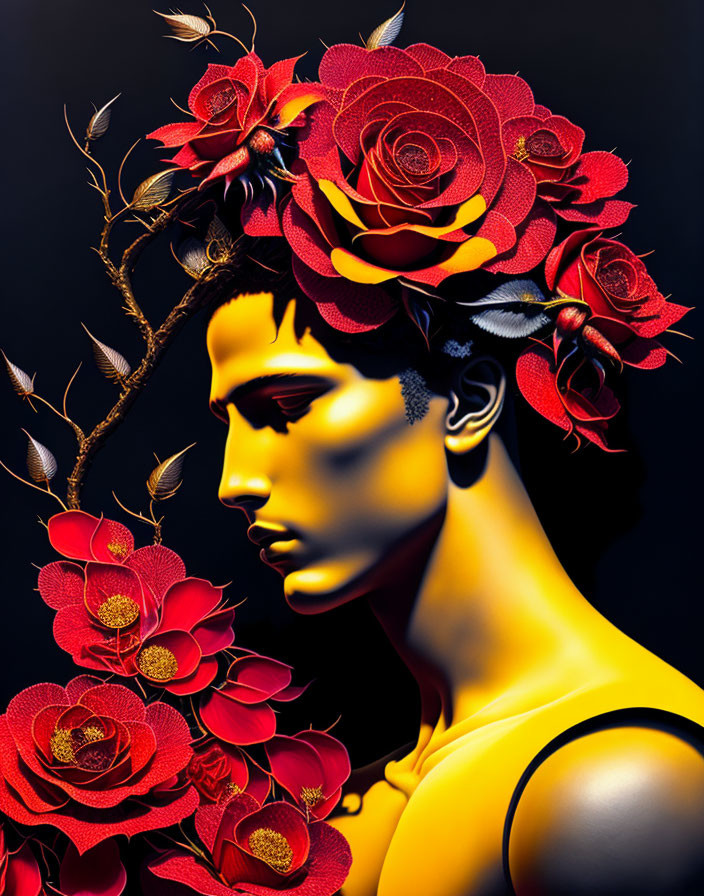 Golden-skinned figure with red floral elements on dark backdrop