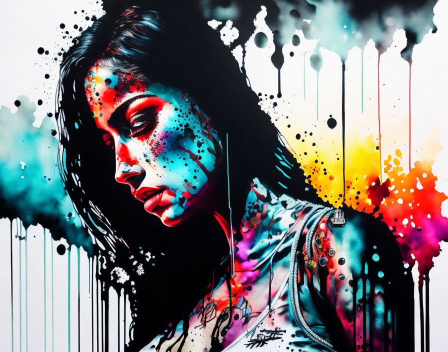 Vibrant artistic portrait of a woman with paint splashes and ink drips