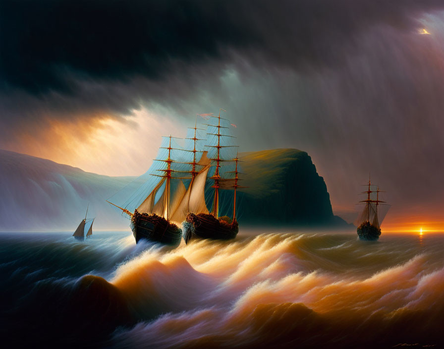 Seascape with tall ships in turbulent waves at sunset