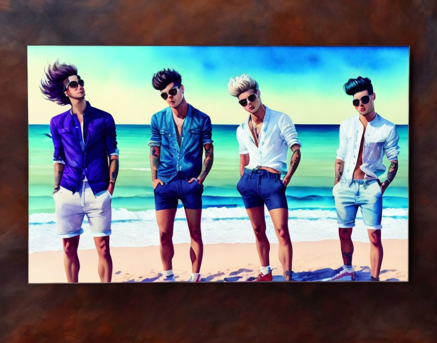 Four men with exaggerated hairstyles posing on a vibrant beach.