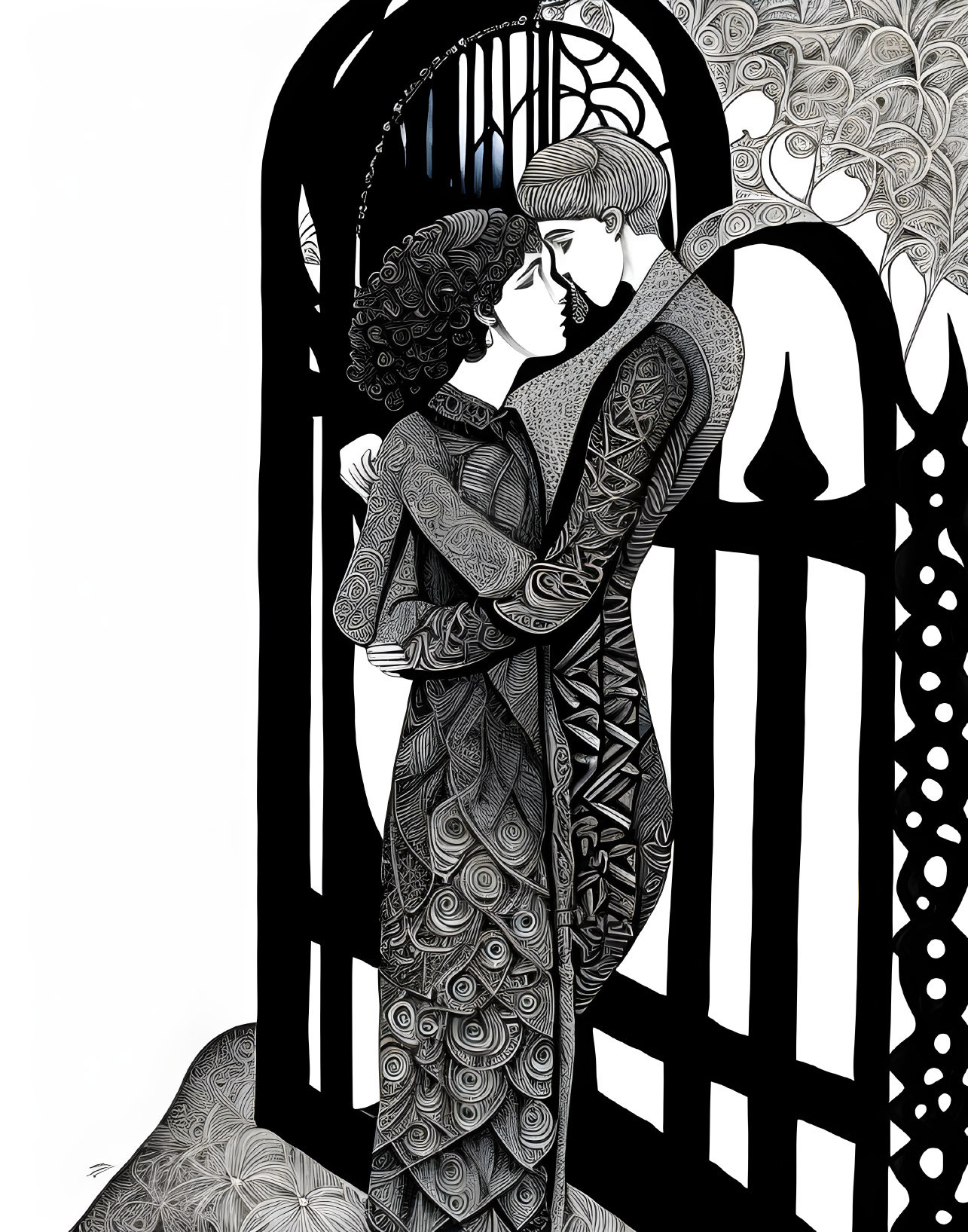 Monochrome illustration of embracing couple with intricate patterns on clothing and ornate gate backdrop